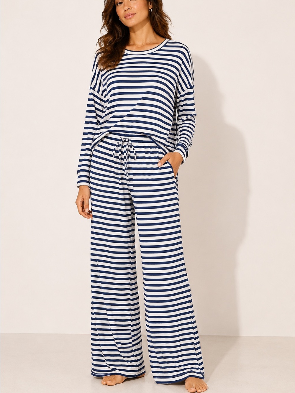 Navy Blue & White Striped Loungewear Nautical Coastal Wide Leg Pants Lounge Set